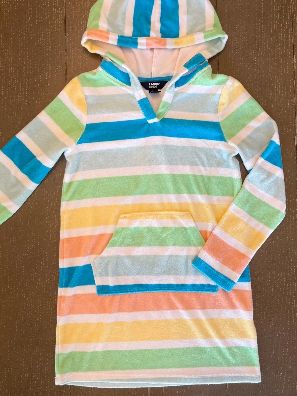 Lands’ End Girls’ Terrycloth Pastel Stripe Swim/Beach Cover-Up • Size 8 (M)